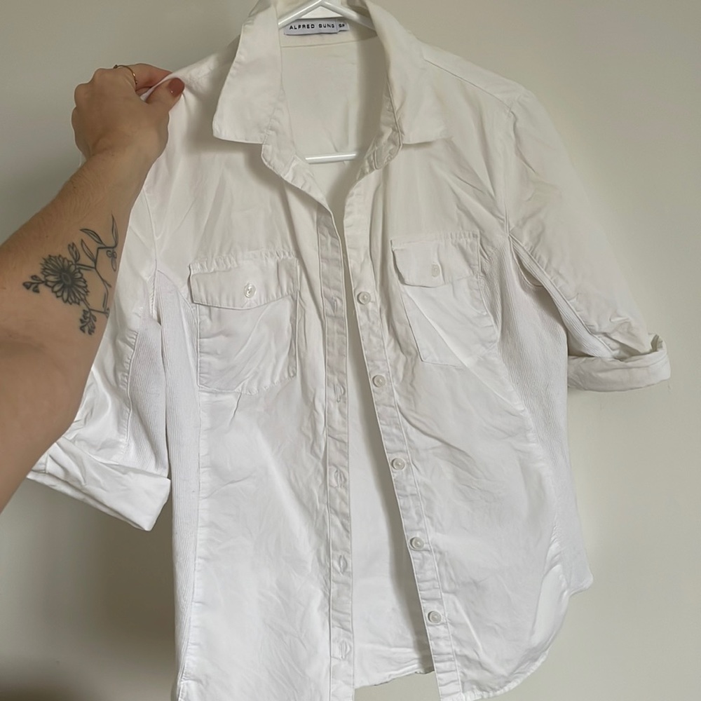 ALFRED SUNG luxe white button up shirt S